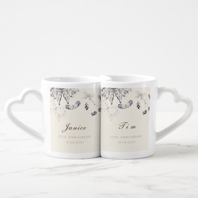 Elegant Butterflies Stylish Wedding Anniversary Coffee Mug Set (Front Nesting)