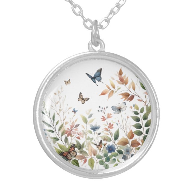 Elegant Butterflies with Lush Foliage Silver Plated Necklace (Front)