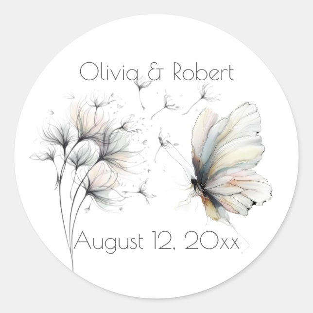 Elegant Butterfly and Dandelion Pastel Ink  Classic Round Sticker (Front)