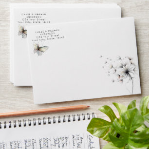 Elegant Butterfly and Dandelion Puff Pastels Ink Envelope