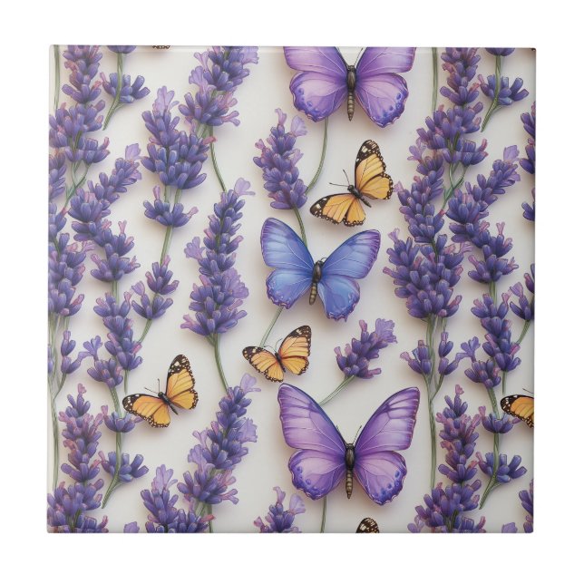 Elegant Butterfly and Lavender Design  Ceramic Tile (Front)