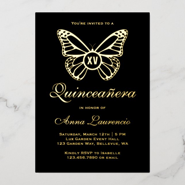 Elegant Butterfly Black And Gold XV Quinceanera Foil Invitation (Front)