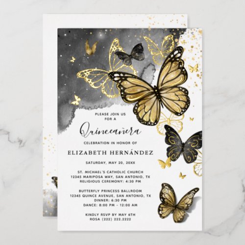 Elegant Butterfly Black Quinceanera Real Gold Foil Invitation