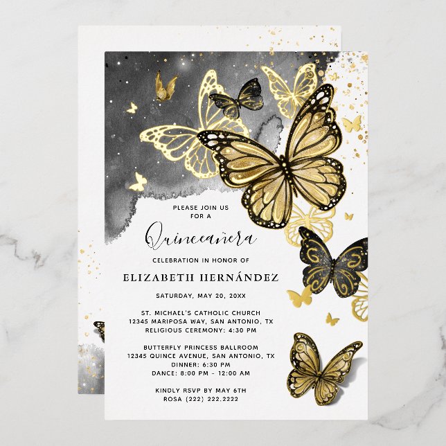 Elegant Butterfly Black Quinceanera Real Gold Foil Invitation (Front/Back)