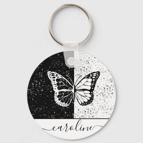 Elegant Butterfly Black White Pretty Girly Dotted  Keychain