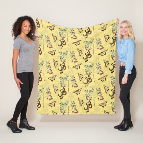 Elegant Butterfly Botanical Yellow Chinoiserie Fleece Blanket