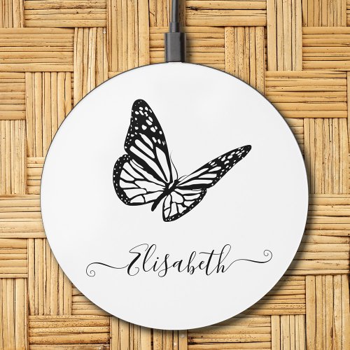 Elegant Butterfly Cute Simple Black and White Name Wireless Charger