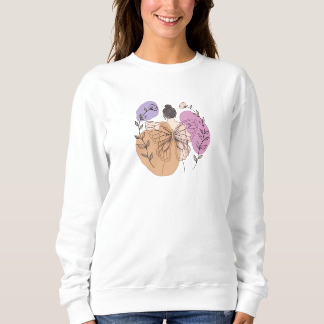 Elegant Butterfly Fairy Woman Line Art T-Shirt Sweatshirt (Front)