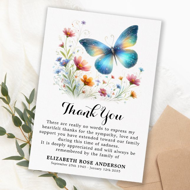 Elegant Butterfly Floral Memorial Sympathy Funeral Thank You Card (Creator Uploaded)