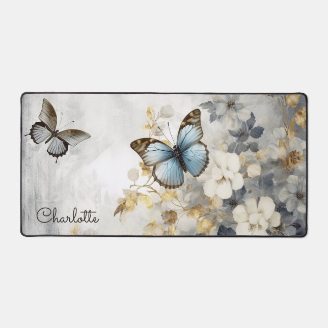 Elegant Butterfly Floral Personalized Name Desk Mat (Front)