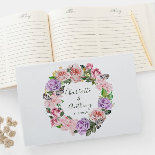 Elegant Butterfly Floral Pink Green Wedding Guest Book