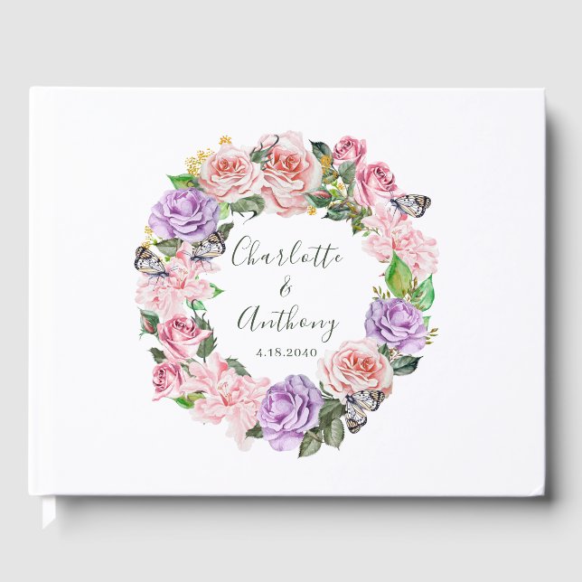Elegant Butterfly Floral Pink Green Wedding Guest Book (Front)
