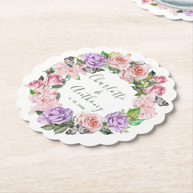 Elegant Butterfly Floral Spring Wedding Paper Coaster (Angled)