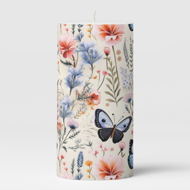 Elegant Butterfly Flower Garden Floral Design Pillar Candle (Front)