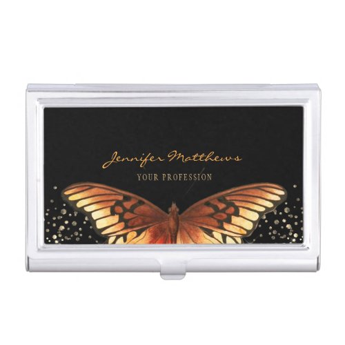 Elegant Butterfly Glitter Orange Black Business Card Case