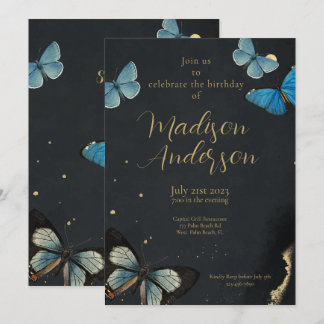 Elegant Butterfly Gold Black Adult Birthday  Invitation
