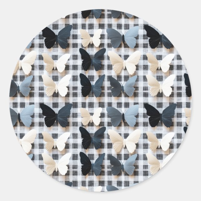 Elegant Butterfly Grid Pattern Classic Round Sticker (Front)