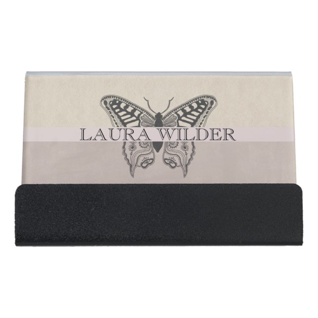 Elegant Butterfly Illustration Name Monogram Desk Business Card Holder (Front)