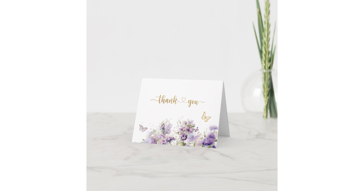 Elegant butterfly kisses purple flowers Watercolo Thank You Card | Zazzle