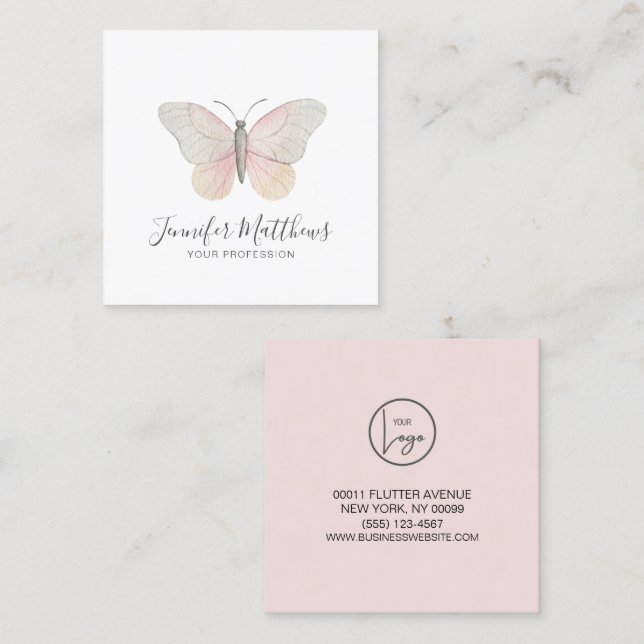 Elegant Butterfly Logo Brand Blush Square Business Card (Front/Back)