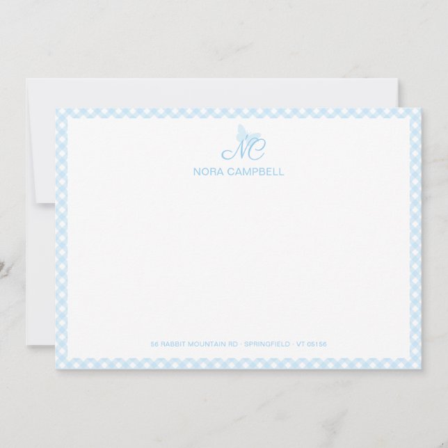 Elegant Butterfly Monogram Baby Blue Gingham Plaid Note Card (Front)