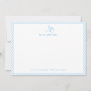 Elegant Butterfly Monogram Baby Blue Gingham Plaid Note Card