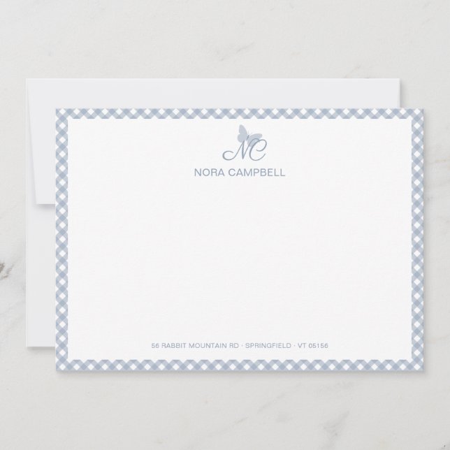 Elegant Butterfly Monogram Dusty Blue Gingham Note Card (Front)