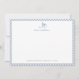 Elegant Butterfly Monogram Dusty Blue Gingham Note Card