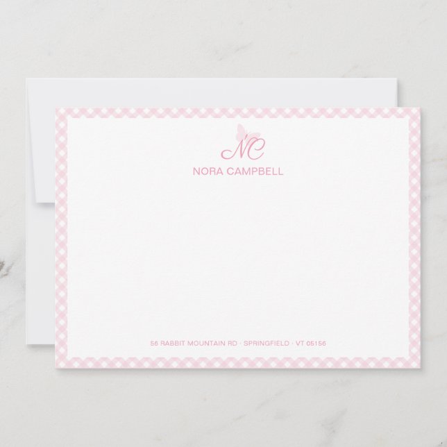Elegant Butterfly Monogram Girly Baby Pink Gingham Note Card (Front)