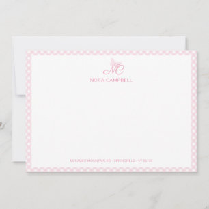 Elegant Butterfly Monogram Girly Baby Pink Gingham Note Card