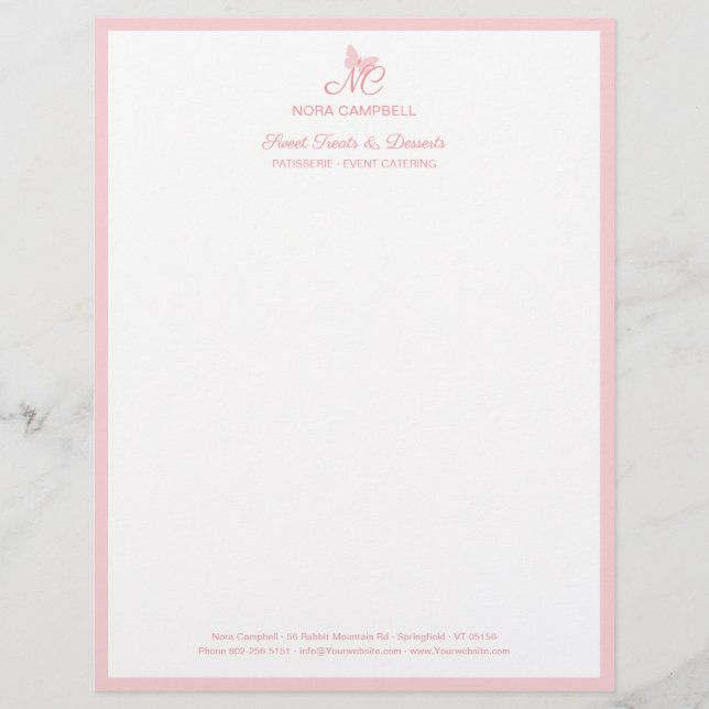 Elegant Butterfly Monogram Girly Peach Pink Border Letterhead (Front)