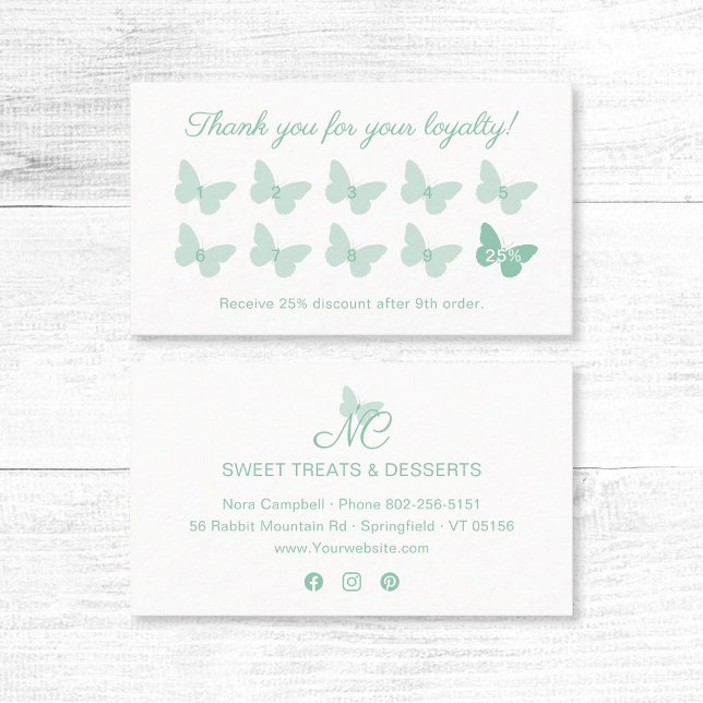 Elegant Butterfly Monogram Logo Mint Green Loyalty Card (Elegant mint green butterfly thank you for your loyalty business card with social media icons.)