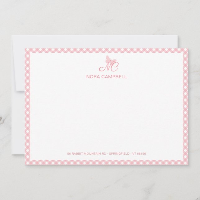 Elegant Butterfly Monogram Peach Pink Gingham Note Card (Front)