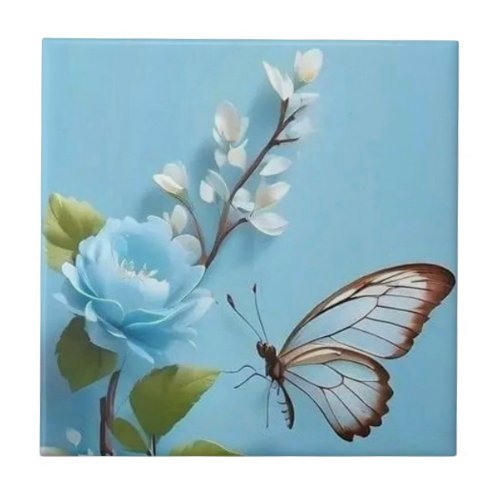Elegant Butterfly on Blue Blossoms Ceramic Tile