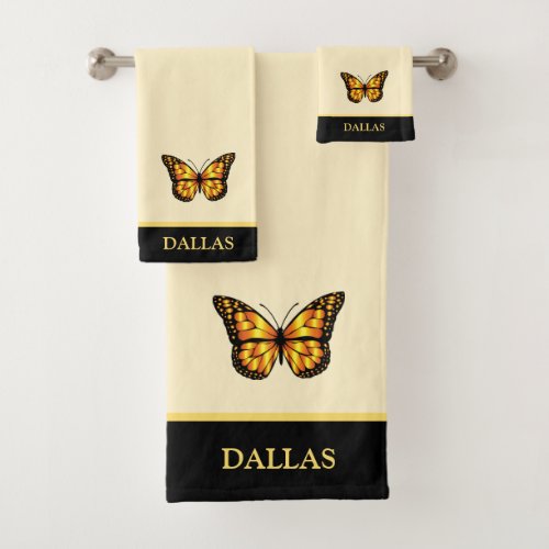 Elegant butterfly on ivory  black stripe bath towel set