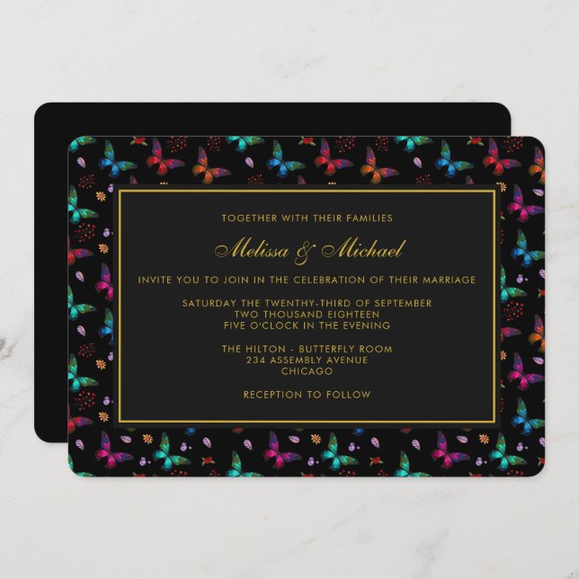 Elegant Butterfly Pattern on Black Wedding Invite (Front/Back)