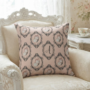 Elegant Butterfly Pink Victorian Damask Monogram Throw Pillow