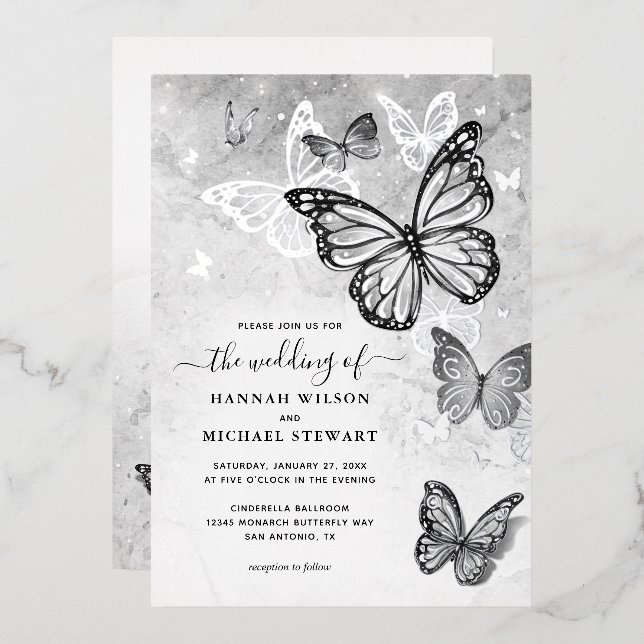 Elegant Butterfly Wedding Real Silver Foil Invitation (Front/Back)