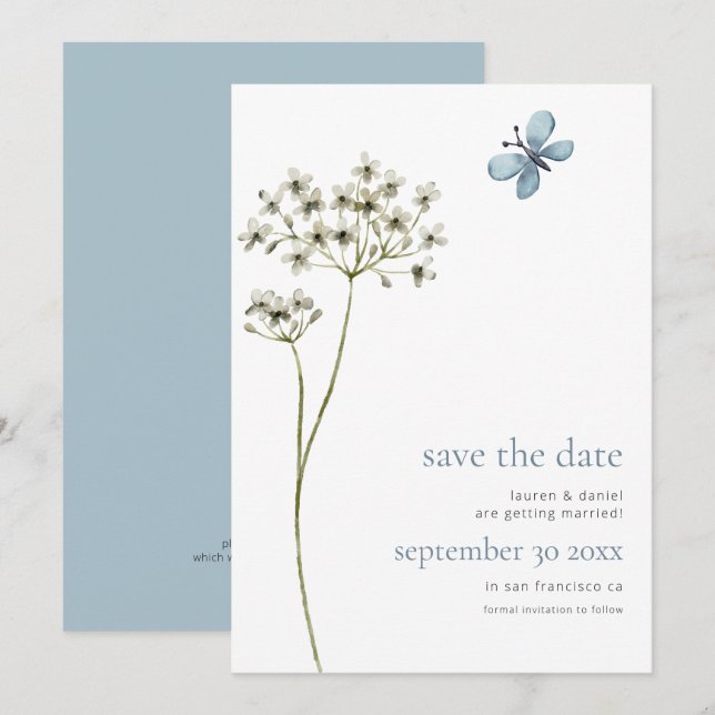Elegant Butterfly Wildflower QR Code Blue Wedding Save The Date (Front/Back)