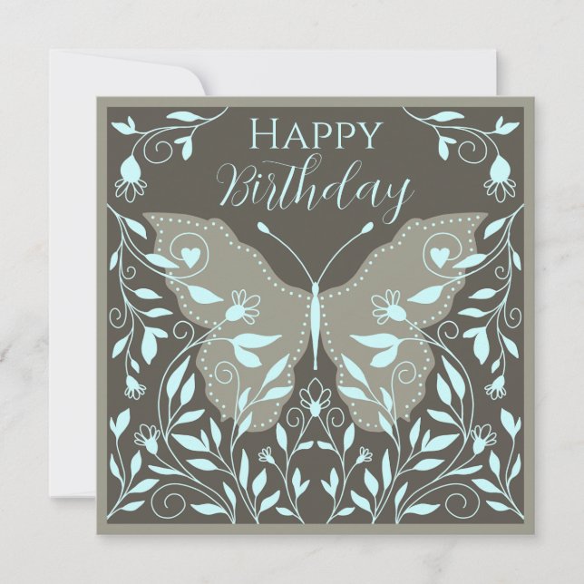 Elegant Butterfly With Vines Happy Birthday   Note Card (Front)