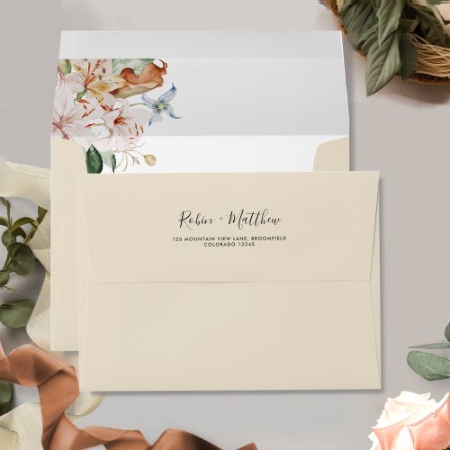Elegant Buttery Beige Earthy Blooms Floral Wedding Envelope