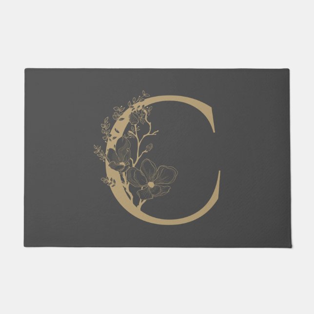 Elegant C Boho Floral Monogram Initial Gray Gold Doormat (Front)