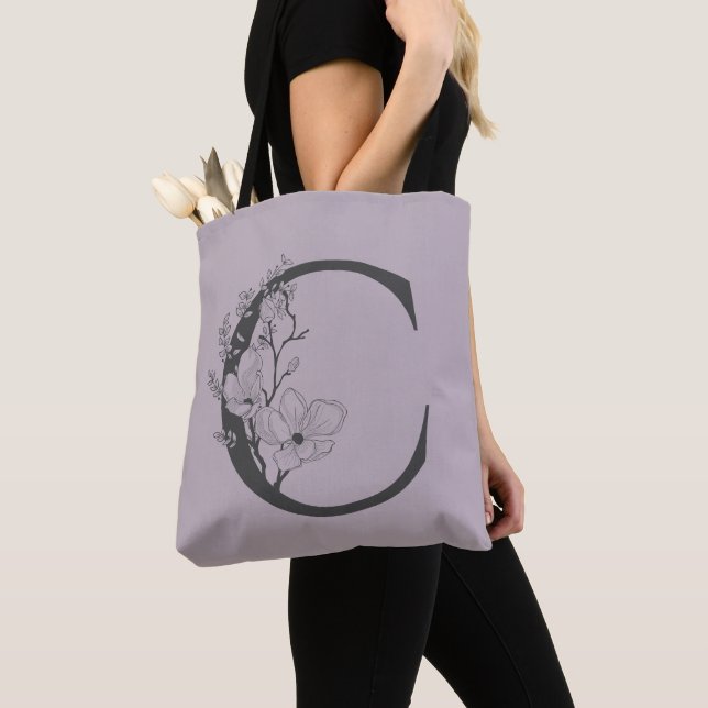 Elegant C Boho Floral Monogram Initial Lilac Gray Tote Bag (Close Up)