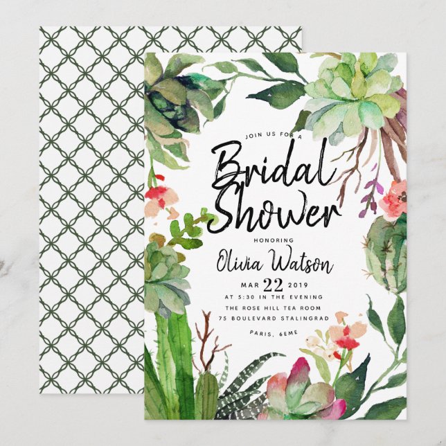 Elegant Cactus Succulent Floral Bridal Shower Invitation (Front/Back)
