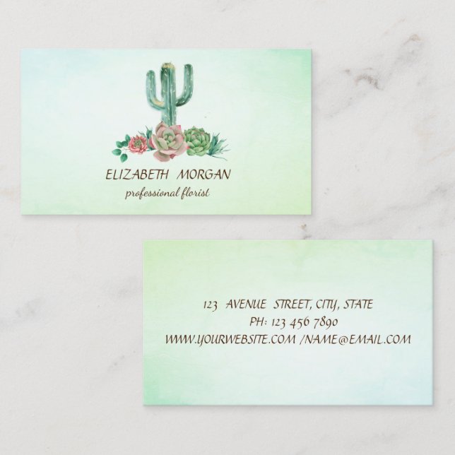 Elegant Cactus Succulent Green Florist Business Card (Front/Back)