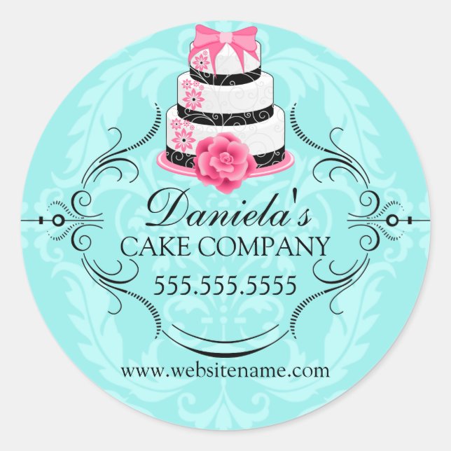 Elegant Cake and Damask Bakery Box Seals (Front)