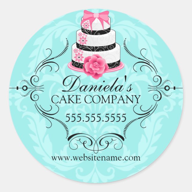 Elegant Cake and Damask Bakery Box Seals (Front)
