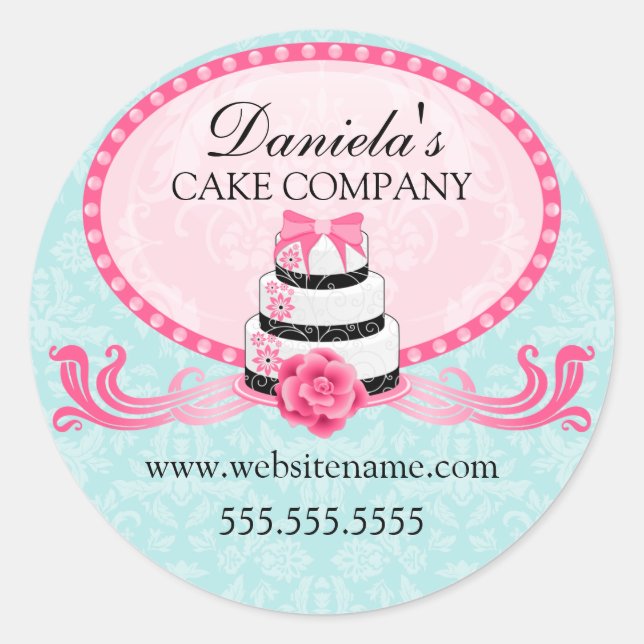 Elegant Cake and Damask Bakery Box Seals (Front)