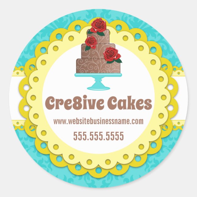 Elegant Cake Bakery Damask Yellow Scallop Seals (Front)