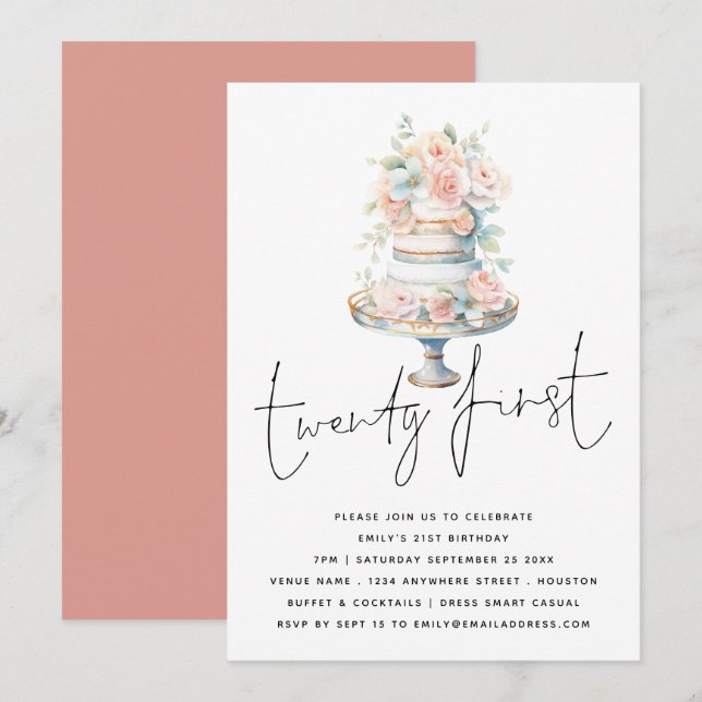 Elegant Cake Dusty Pink Peach Script 21st Birthday Invitation (Front/Back)
